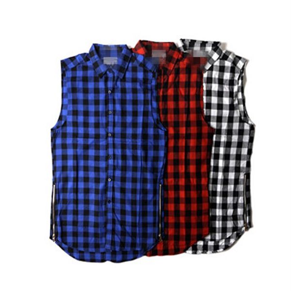 Tam-tip l k hip hop altın yan fermuar büyük boy ekose pazen gömlek tee erkekler rahat zippper kırmızı ekose tartan son kral tee sh281c