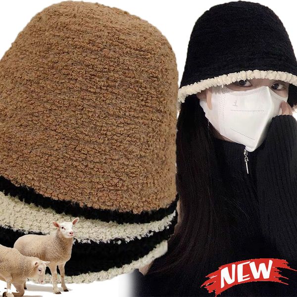 Шляпы с широкими полями, вязаная шляпа-ведро, женская зимняя теплая толстая шапка из овечьей шерсти, панамская рыбацкая шапка, напускная плюшевая шапка с черепом 230915