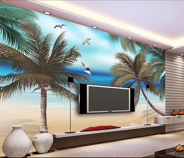 Tapeten 3D-Tapete für Zimmer, handbemalt, Sommerbaum, Strandmöwe, TV-Hintergrund, Wandleben