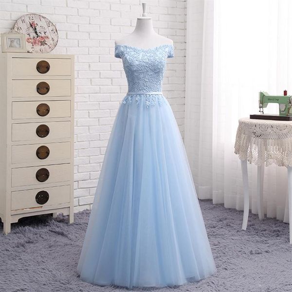 Vestidos longos de dama de honra com ombro de fora, vestido de festa de casamento com renda, blush rosa céu azul champanhe253p