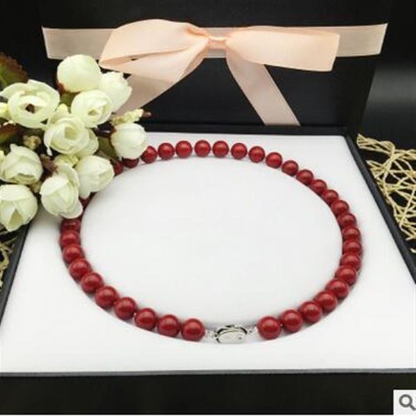 Collar de buñuelo de perlas rojas coralinas de 10 mm, collar de cuentas de concha de concha natural de aguas profundas, collar brillante con hebilla de plata 925 bo254K