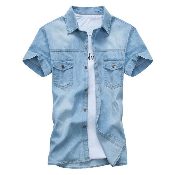Marca de verão camisa de jeans de algodão de algodão de manga curta colarinho masculino casual slim fit jeans shirts quimise homm280g