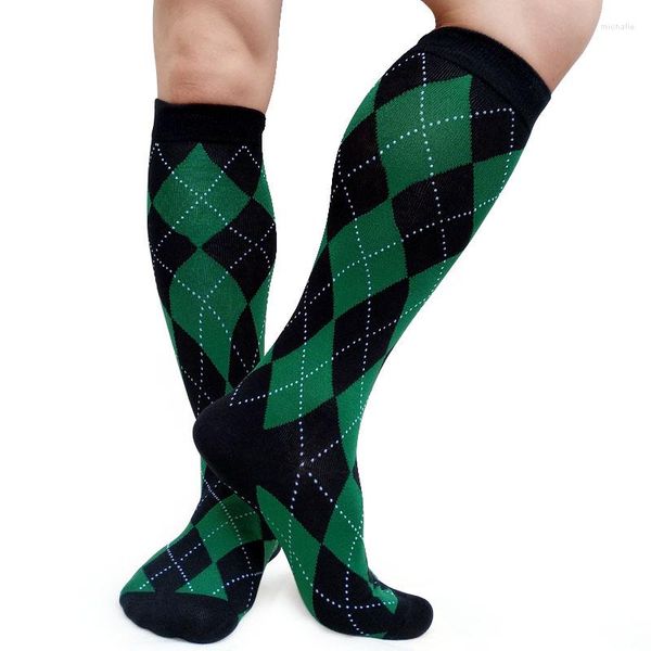 Meias masculinas senhores vestido formal xadrez joelho alta respirável algodão meia mangueira meia sexy coleção masculino sox