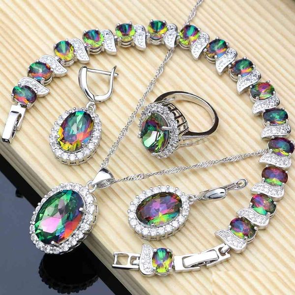 Brincos Colar Mystic Rainbow Fire Cubic Zirconia Define Mulheres 925 Sier Jóias Brincos / Pingente / Colar / Anéis / Pulseira Dro Dhgarden Dh2Pd