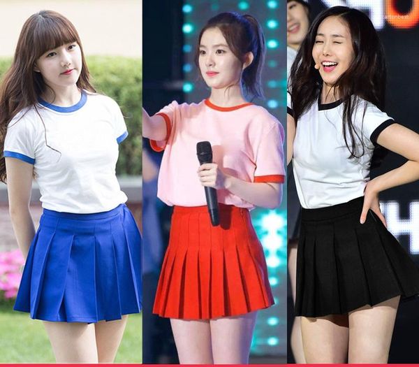 Arbeitskleider Kpop Girl Group Slim Kurzarm O-Ausschnitt T-Shirt Tops Frauen Sexy Cheerleader Kostüm Nachtclub Party Mini Faltenrock Sets