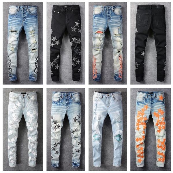 Herren Jeans Cool Style Luxus Mode Gestickte Patches Denim Hose Distressed Ripped Biker Schwarz Blau Männer Slim Bleistift Jean Slim F255D