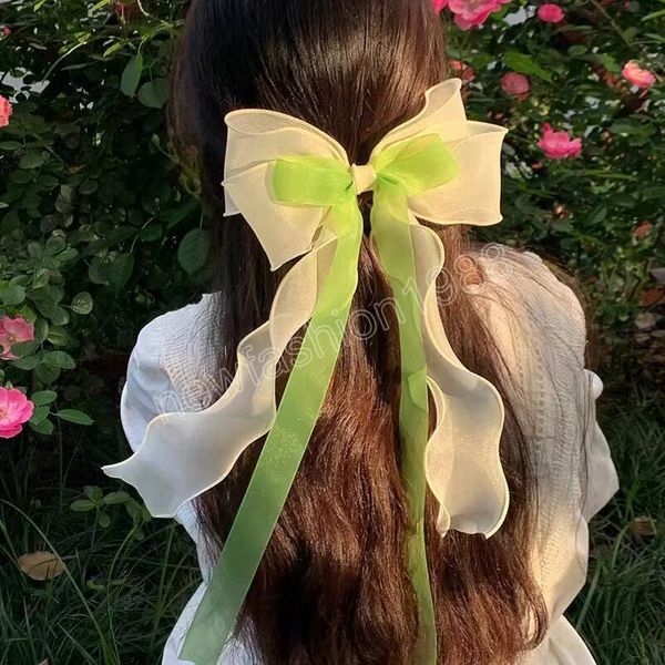 2023 sommer Koreanische Mesh Farbe Schmetterling Großen Bogen Lange Band Haar Clips Für Mädchen Nette Kawaii Haarnadel Mode