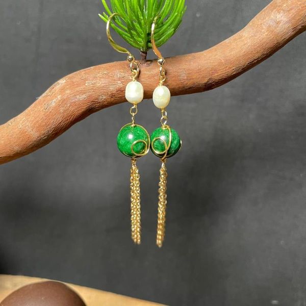 Baumelnde Ohrringe, grüne Jade, Smaragd, chinesische Perle, Luxus-925-Silber-Schmuck, geschnitzt, natürlicher Damen-Talisman-Charm, Geschenk, Geschenke, Perlen