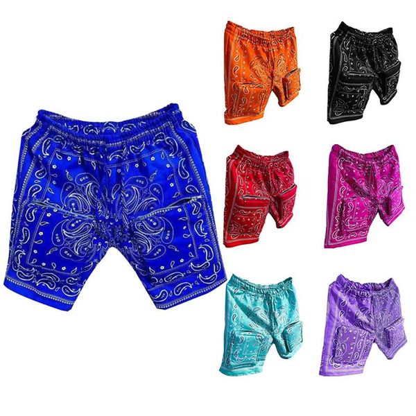 Pantaloncini jacquard blu Paisley da uomo Hip Hop Summer Streetwear Pantaloncini ricamati Bandana Lunghezza ginocchio casual allentato alla moda330V