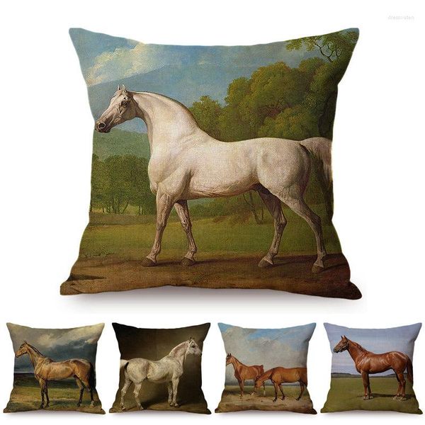 Cuscino Cavallo Pittura a olio Design Cavallo da corsa Mare Modello Fodera per decorazione divano in cotone e lino nordico con animali da fattoria