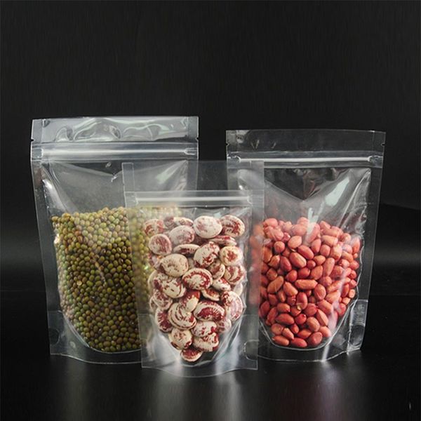 100 pçs / lote 9x13cm Stand Up Zip Lock Nuts Food Storage Bags Clear Plastic Reclosable Package Bag Grip Seal Packing Bolsa para Scente267u