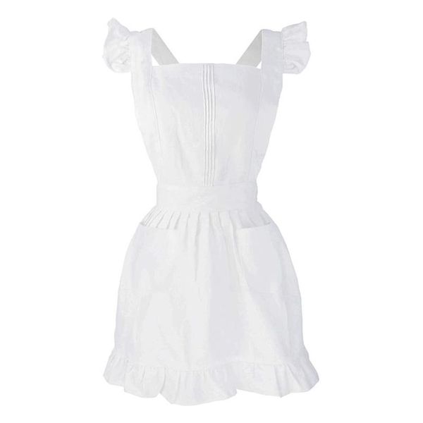 Aventais W0YF Ruffles Outline Retro Avental Branco com Bolsos Ajustável Victorian Maid Bib274J