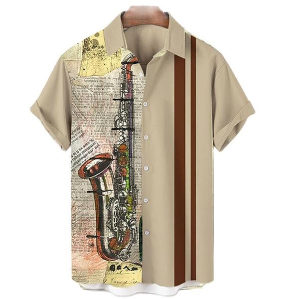 Мужские повседневные рубашки, модные гавайские пляжные блузки с короткими рукавами и музыкальными инструментами на одной пуговице, топы Camicias300e