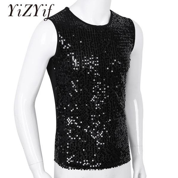 Tanques masculinos YiZYiF Lantejoulas Top Brilhante Crop Top Vest Crew Neck Slim Sexy WetLook Clubwear Tee Muscle Men 230915