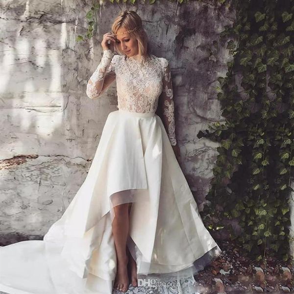 Abiti da sposa con orlo asimmetrico da spiaggia collo alto manica lunga abiti da sposa country in pizzo applicazioni in raso vestido de novia241Z