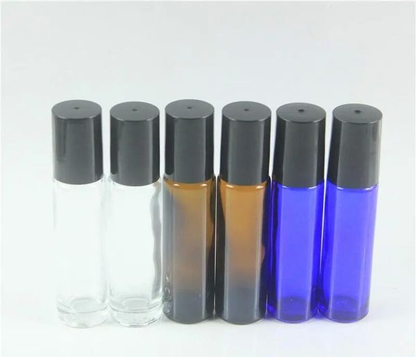 Atacado 10ml (1/3oz) rolo de vidro grosso âmbar, transparente e azul em garrafas vazias de perfume de óleo essencial bola de rolo com LL inoxidável
