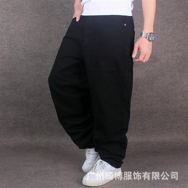 Calça jeans masculina larga, preta pura, hiphop, algodão, folgada, para dança de rua, plus size 42 44 46245b