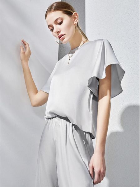 Damenblusen 6XL Solides Hemd 2023 Sommer Frauen Elegante Vintage Weiße Acetat Satin Tops Mode Böhmische Slik Bluse Aufflackernhülse O-Ausschnitt