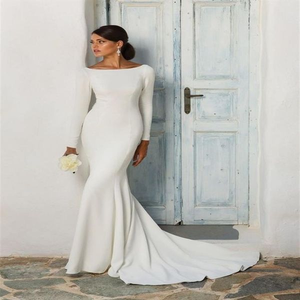Stretch crepe sereia vestidos de casamento modestos com mangas compridas barco pescoço coberto para trás feminino informal modesto vestido de recepção268g