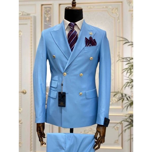 Erkekler Suits Blazers açık mavi çift göğüslü erkekler ince fit düğün smokin iki parça adam damat iş partisi balo kostüm blazerpants 230915