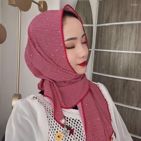 Roupas étnicas 2023 muçulmano eid al-fitr hijab verão casual treliça lado triângulo cachecol feminino cocar franjado tule