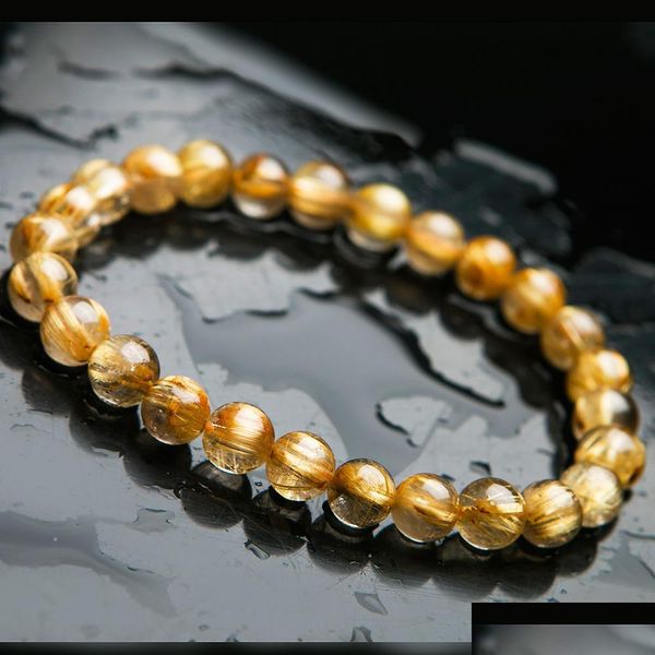 Браслеты-подвески Натуральное золото Рутилированный кварцевый браслет для женщин и мужчин Богатые титановые круглые бусины 7 мм, 8 мм, 9 мм от Brazi Dhgarden Dhoqz