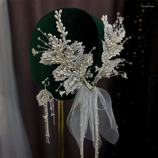Haarspangen Braut Kristall Pailletten Haarspangen Weiße Gaze Kopfbedeckung Spitze Blumen Haarnadel Ohrringe Set Hochzeitsaccessoires