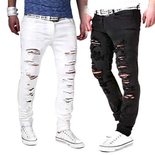 Männer Jeans Sfit Fashion Solid Weiß Männer Sexy Ripped Loch Distresses Gewaschene Dünne Männliche Casual Oberbekleidung Hip Hop Hosen 2021290Y