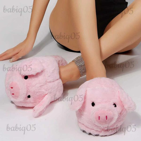 Pantofole Pantofole invernali calde per la casa Simpatico maialino rosa Design dei cartoni animati Ragazza per adulti Lady Testa di peluche Silenzioso pavimento interno Pantofole divertenti da donna babiq05