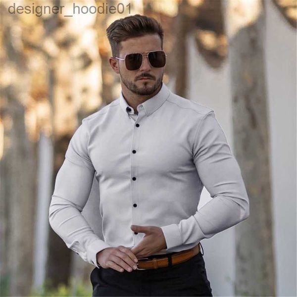 Herren-Kapuzenpullover, Sweatshirts, klassisch, langärmelig, einfarbig, Slim-Fit, Basic-Kleiderhemden, Herbst-Umlegekragen, formelle Business-Mode, Standard-Fit-Büro-Social-Hemd