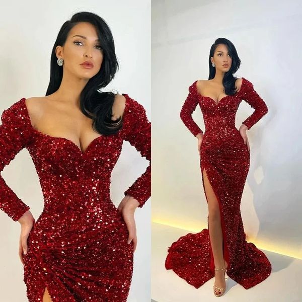 Único vinho vermelho vestidos de baile mangas compridas lantejoulas colher pescoço sexy divisão formal vestidos de festa de baile maxi feminino noite robe de soiree