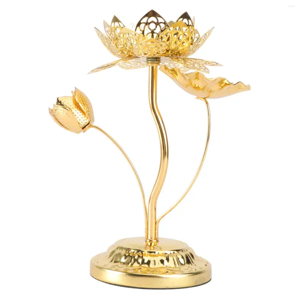 Kandelaars Hoogvoetige Lotus Carving Holder Gouden metalen kandelaar voor tempels Woonkamer (gouden)