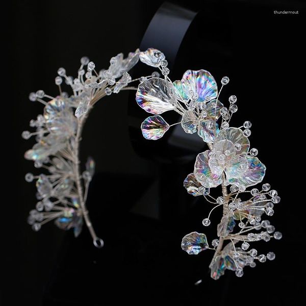 Haarspangen glitzernde transparente Blumen, Kristall-Tiara, handgefertigte Stirnbänder, Perlenkronen, Ornament, Braut- und Hochzeitskleid-Accessoires