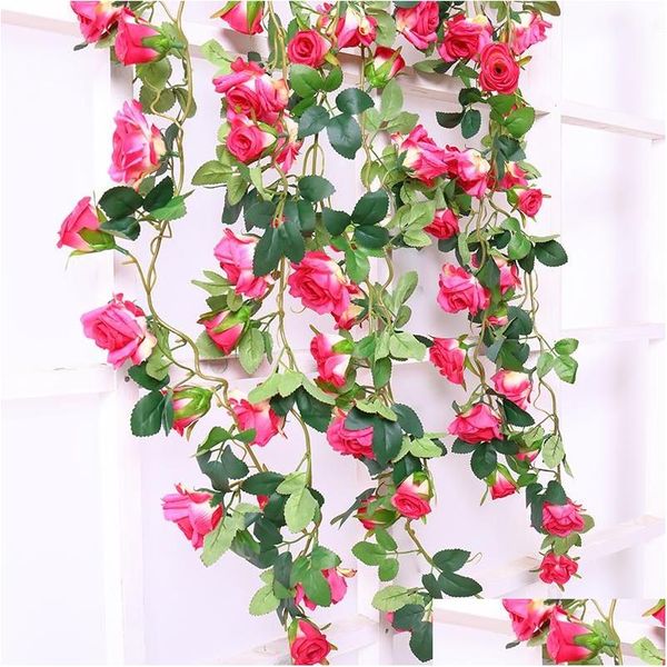 Couronnes de fleurs décoratives 180Cm Real Touch soie Roses chaîne vignes couronne artificielle rotin tenture murale guirlande fête maison goutte Deli Dhepi