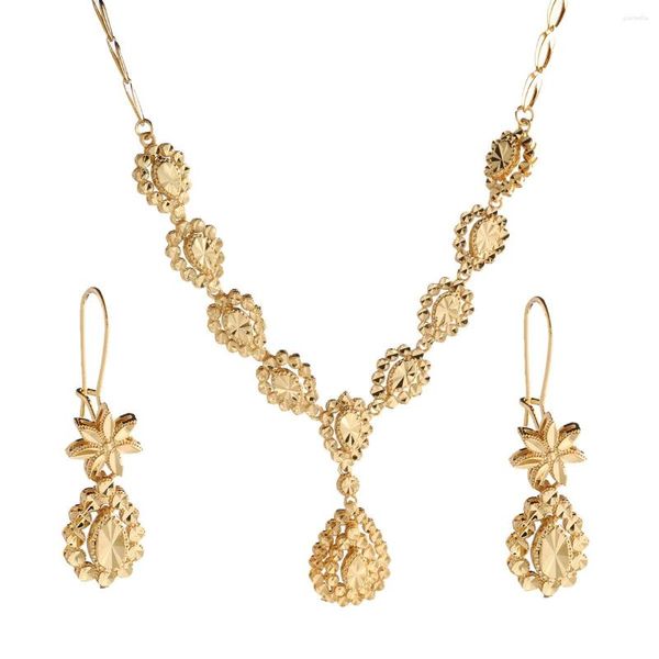 Collana Orecchini Set Fiore d'oro africano Sposa Donna Collane con ciondolo etiope Accessori da sposa arabi