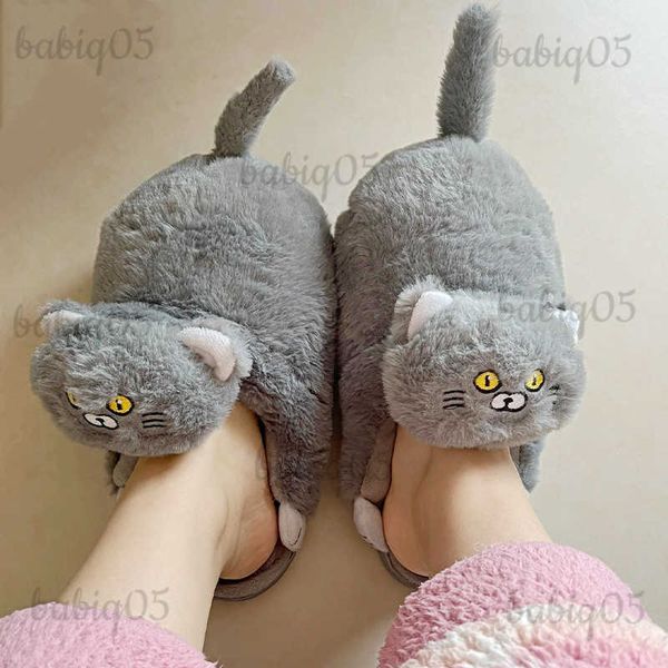 Chinelos Aconchegantes Critter Kitty Chinelos Femininos Fofos Sapatos para Casa Abraço Gatinho Gato Azul Chinelo Menina Mulher Chinelo de Casa Interior com Gatos babiq05