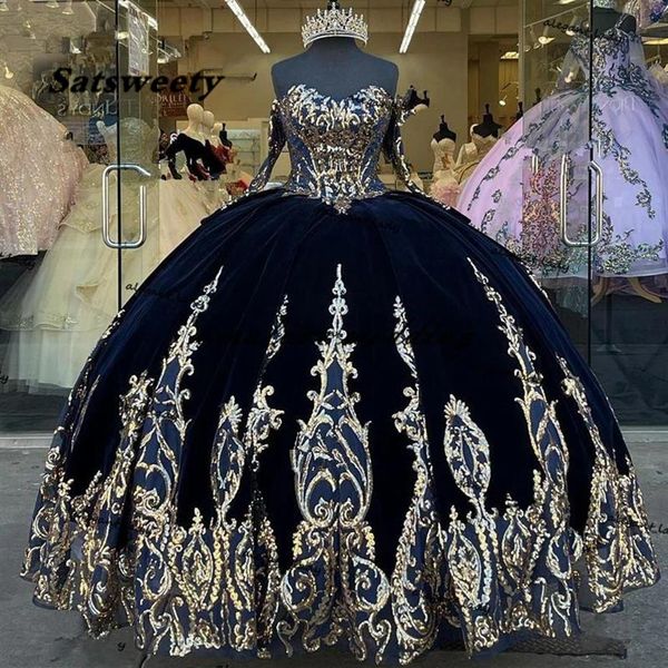 Azul marinho veludo princesa quinceanera vestido de baile lantejoulas rendas apliques vestido mexicano estilo doce 15 vestidos de baile275f