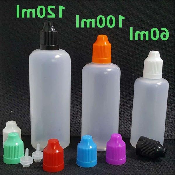 PE-Kunststoffverpackungsflasche 60 ml, 100 ml, 120 ml, leere Tropfflaschen, durchscheinende Nadel, kindersichere Kappen für E-Dampf, Saft, flüssige Öle, Vap Uoso