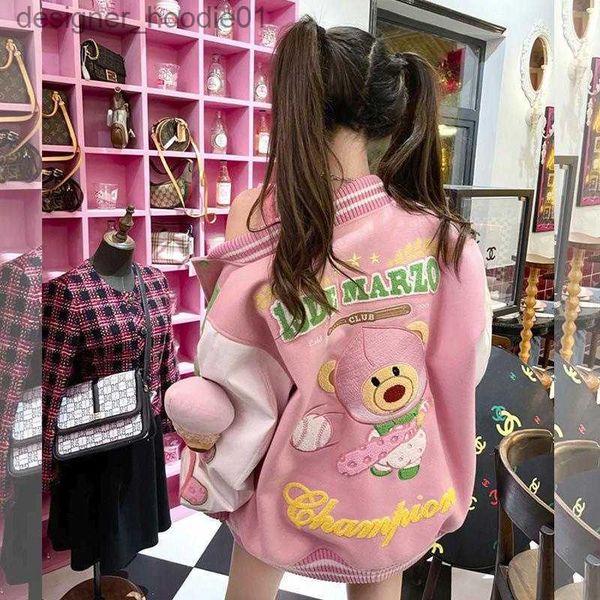 Женские куртки Правильная версия 13DE MARZO X POP Bubble Розовый персик Бисквитный медведь Бейсбольная форма Куртка L230916