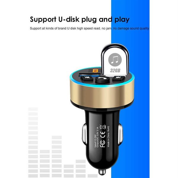 Bluetooth 5 0 QC 3 0 3 1A Carica rapida TF Card U-Disk Lettore MP3 Accessori per telefoni Trasmettitore FM Caricabatteria per auto LED Light Ring214G