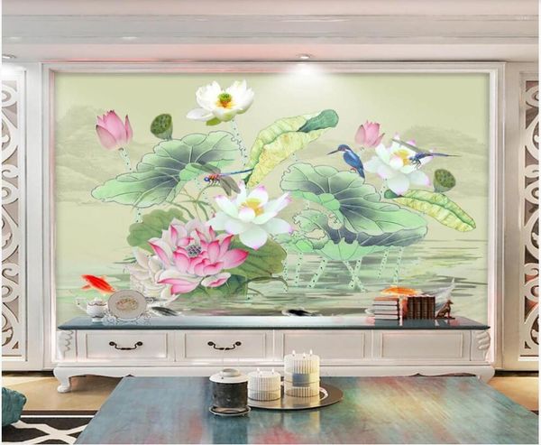 Wallpapers personalizado mural 3d po papel de parede pintado à mão aquarela flor de lótus decoração de casa para paredes 3 d na sala de estar