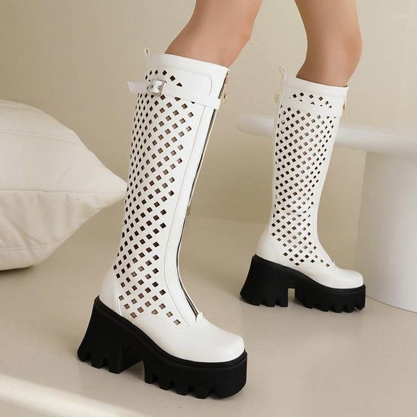 Botas oco malha respirável verão feminino joelho comprimento ultra salto alto plataforma zíper estilo punk longo 2023