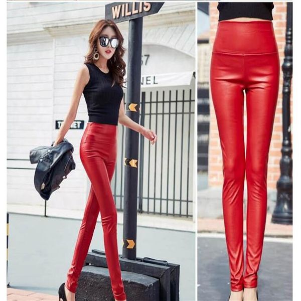 Yeni Tasarım Moda Kadınlar Artı Kadife Sıcak Seksi Vücut Tunik Yüksek Bel PU Deri Şeker Renk Kalem Pantolon Uzun Pantolon S2641