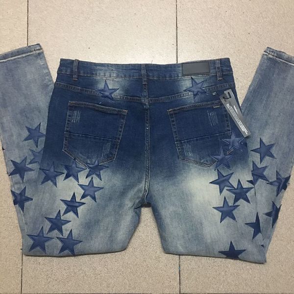 Calça jeans masculina robin com couro azul estrelas patchwork calça jeans desgastada skinny fit slim stretch bordado masculino tamanho 28-38