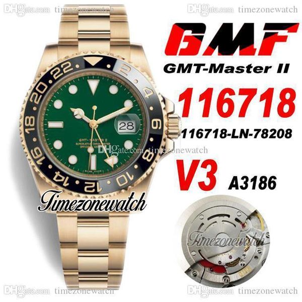 GMF V3 GMT II 116718 A3186 Orologio automatico da uomo Oro giallo 18 carati Lunetta in ceramica Quadrante nero Bracciale in acciaio OysterSteel 904 Scheda di garanzia S288s