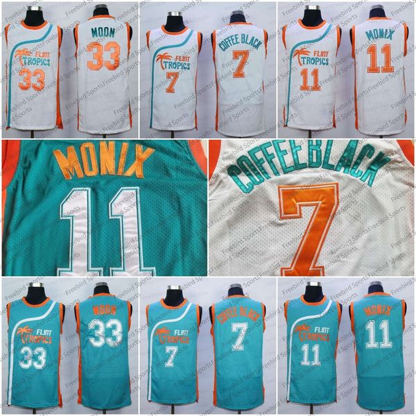 Filme Jersey Semi Pro Flint Tropics 33 Jackie Moon 7 Café Preto 69 Downtown 11 ED Monix Verde Branco Basquete Jerseys Costuradas