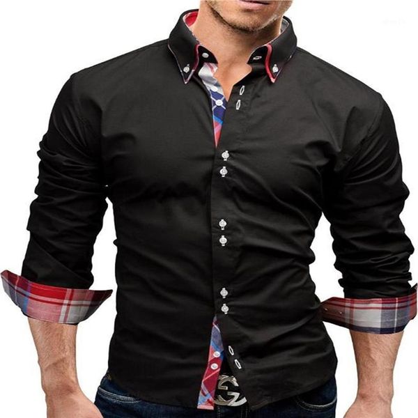 Marca 2017 moda masculina camisa de mangas compridas topos gola dupla camisa de negócios dos homens camisas de vestido magro 3xl1257j