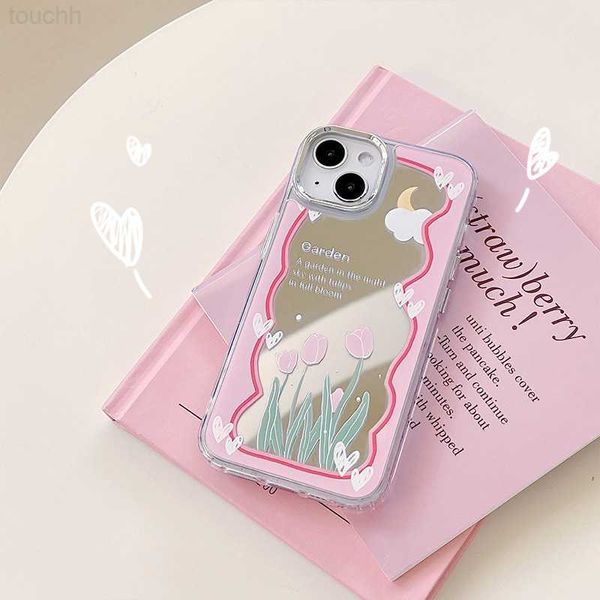 Casos de telefone celular Flor Espelho Capa Móvel para Iphone 11 14 Pro Max Casos Tulip Cartoon Puppy Phone Cases para Iphone 11 12 13 14 Pro Max L230916