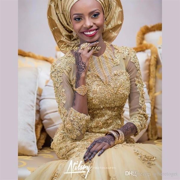 2021 Арабские свадебные платья русалки с золотым кружевом Африканские нигерийские аппликации с рукавами три четверти Свадебные платья с тюлем Wrap270B