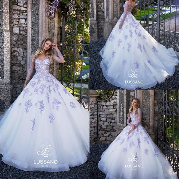 2022 deslumbrante lavanda ilusão corpetes uma linha vestidos de casamento sheer pescoço mangas compridas rendas appliqued praia vestidos de noiva personalizado ma266p